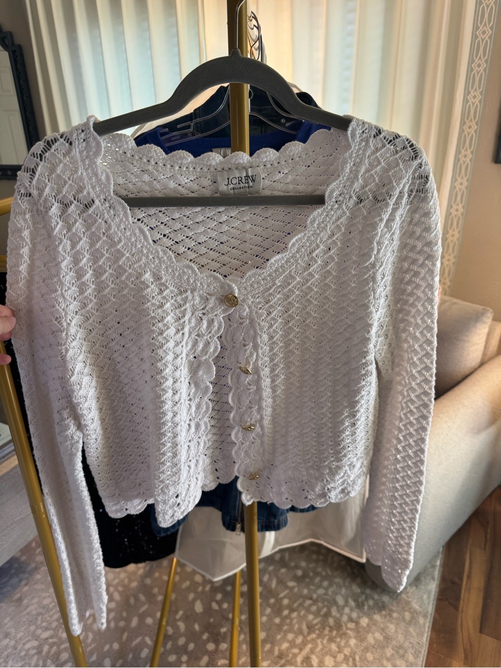 J. Crew White Crochet Scallop-Edge Button Cardigan